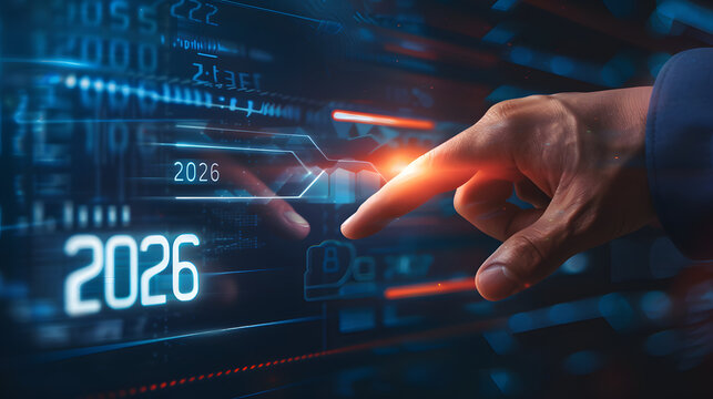 Businessman hand touching digital screen with a progress bar loading and the text 2026 floating on a dark background 