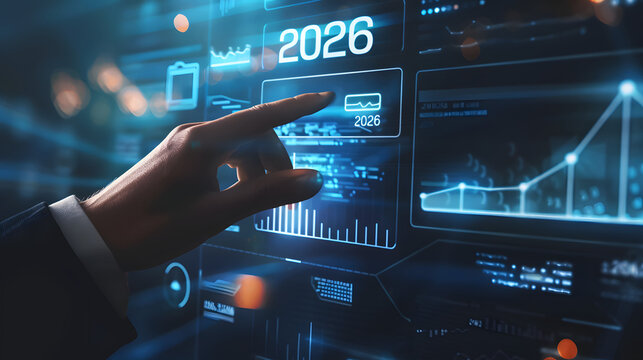 Businessman hand touching digital screen with a progress bar loading and the text 2026 floating on a dark background  - Powered by Adobe