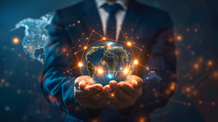 Businessman holding a digital glowing handshake icon with a global map background for business collaboration 