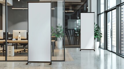 Office meeting point featuring twin tall rectangular roll-up standee banners.