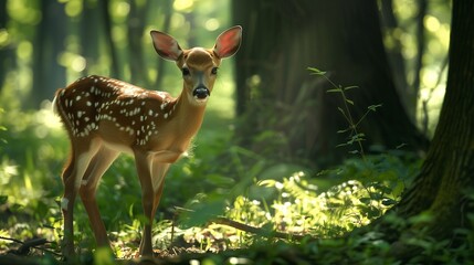 A fawn standing in a sun-dappled forest clearing, looking curiously at the camera.