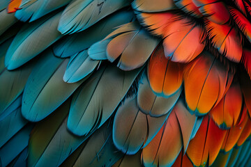 Colorful feathers background. Close up view of colorful bird feathers