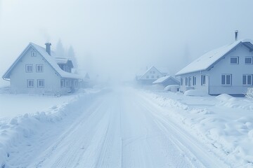 Fototapeta premium A snowy village street with white houses on either side, shrouded in thick fog on a winter day