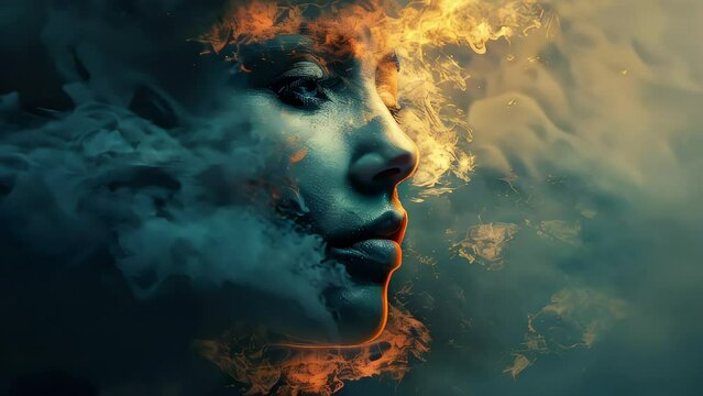 Video of woman's head reveals sun behind clouds. Concept emotional intelligence, mindfulness, minds, science, abstract intellect, genius, psychology