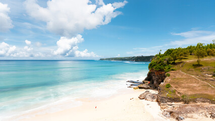 Vacation summer holidays background wallpaper - sunny tropical Caribbean paradise beach with white sand in Seychelles Praslin island Thailand style with palms