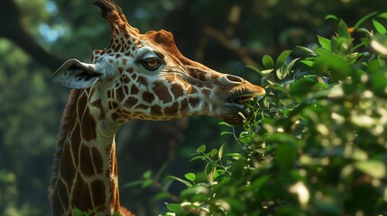 A graceful giraffe feeding on the leaves of a tall acacia tree.