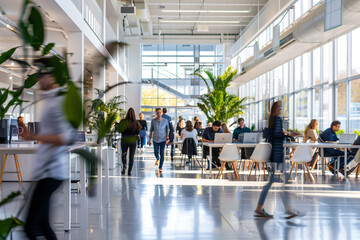 a group of people walking through a lobby
