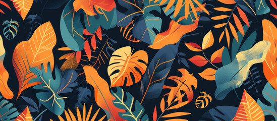 Seamless pattern of various leaves in shades of orange, blue and green on a dark navy background