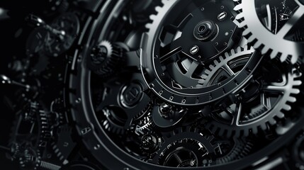 Abstract Background Featuring Gear and Watch Parts in Black and Silver Color Scheme with Metallic Texture. Detailed Close-Up of Mechanical Elements in High-Resolution, Vector Illustration Style for Gr