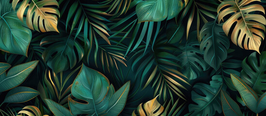 Exotic jungle background with seamless tropical leaf pattern in emerald green and gold colors