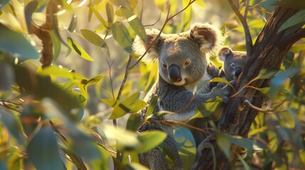 Fototapeta premium A koala and her joey sitting in a eucalyptus tree.