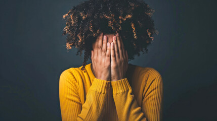 Woman in yellow hiding face on dark background