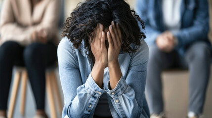 Distressed woman with head in hands sitting