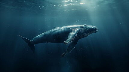Obraz premium A majestic humpback whale swimming in the deep ocean.