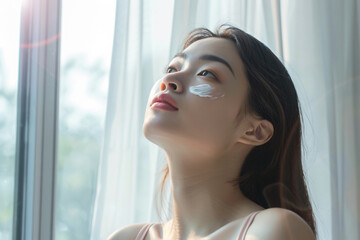 a woman with a lot of cream on her face