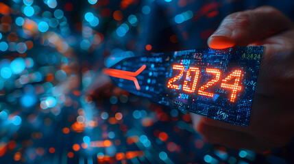 Businessman holding a glowing digital arrow with the numbers 2024 and upward arrows on a dark background 