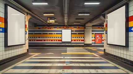 Clear-signed, brightly tiled vertical billboard in an underground crossing area.