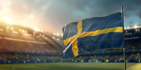 Flag of Sweden waving in the wind, with a blurred soccer stadium in the background