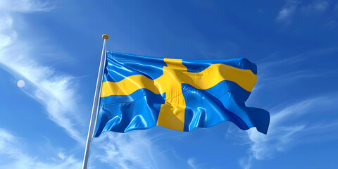 Flag of Sweden waving in the wind, with a bright blue sky background