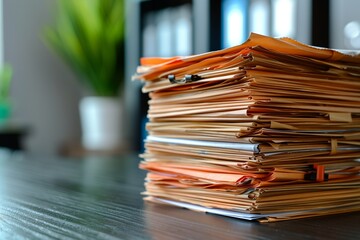A close-up shot of a tall stack of accounting documents on a desk in an office setting