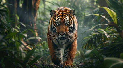 Obraz premium A majestic tiger walking through a dense jungle.