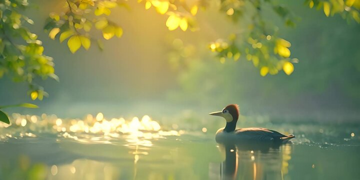 A solitary great crested grebe floats on a lake surrounded by foliage in the soft morning light against green background 4K Video