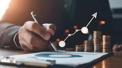 Businessman holding a pen and paper with a growth graph arrow icon pointing up. a stack of coins on a table representing the concepts of financial success 