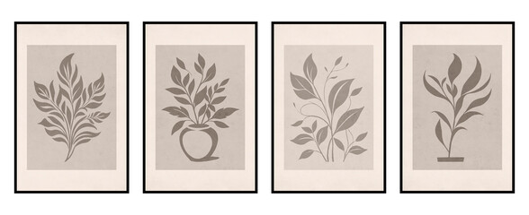 Set of 4 Printable botanical illustration. Rustic style home decor, wall decoration, picture in the frame. Grunge, vintage illustration. Generated by Ai