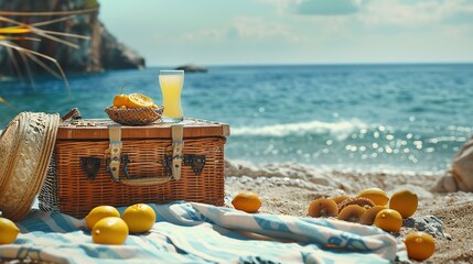 Afternoon Beach Picnic with Table Featuring Lemons, Bamboo Basket, and Cocktail. Sea Water and Sunshine with Natural Light, Front View, Real Shot Showcasing Fashion and Simplicity