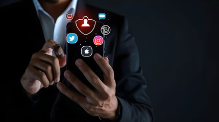 Businessman holding a smartphone with a bell icon and social media icons for a marketing concept on a black background 
