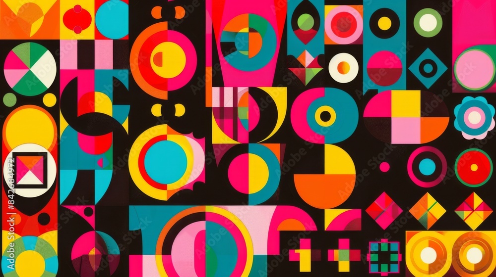Poster A vibrant, geometric pattern background with bold shapes and bright colors, ideal for a modern and dynamic design.