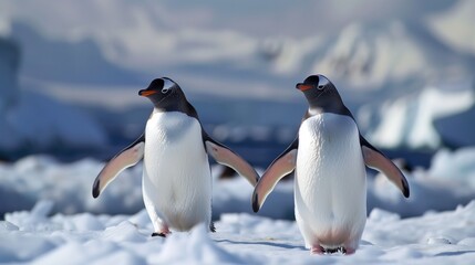 Obraz premium A pair of penguins walking together across the Antarctic ice.