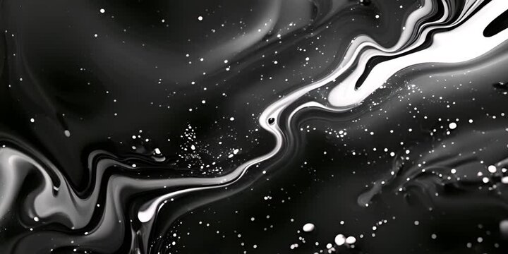 Beautiful Black and White Liquid Swirls with White Particles. Modern Marbling Background. 4K Video
