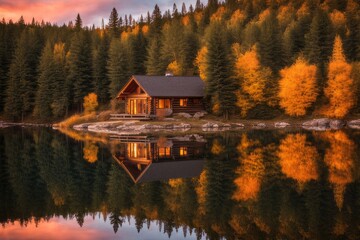 Fototapeta premium Tranquil cabin by the lake, surrounded by vibrant autumn colors. A picturesque autumn landscape.