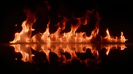 A close-up image of flames burning brightly against a black background, reflecting on a smooth surface.