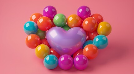 Colorful heart surrounded by balloons on pink background, vibrant and joyful concept