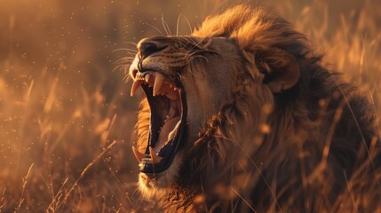 Naklejka premium A powerful lion roaring in the middle of the savannah.