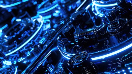 Mechanical Art Wallpaper Featuring Intricate Patterns of Mechanical Parts and Glowing LED Lights Creating a Neon Futuristic Robotic Structure. Black Background Accentuates Sci-Fi Elements in Top View,