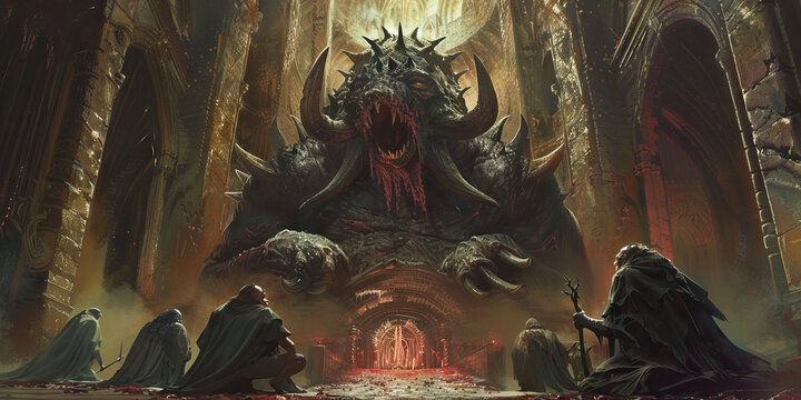 Temple of Torment: Demonic Cultists Worshiping at a Temple of Dread - Cultists kneeling before a monstrous idol, its grotesque features radiating a palpable sense of dread and malevolence