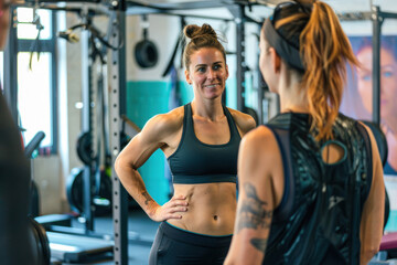 Trainer conversing with gym member