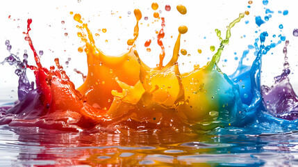 Vivid color splashes in red, blue, green, and yellow creating a striking contrast on an isolated white background