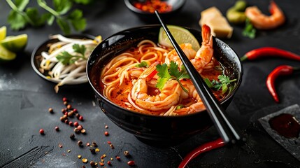 spicy shrimps udon ramen noodle Tom Yum Goong  japanese fusion food style : Generative AI