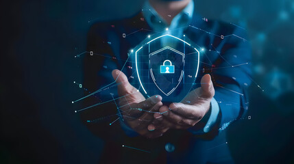 Businessman holding a virtual screen with a shield and padlock icon on a dark blue background. representing the security of business data 