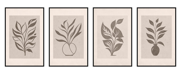 Set of 4 Printable botanical illustration. Rustic style home decor, wall decoration, picture in the frame. Grunge, vintage illustration. Generated by Ai