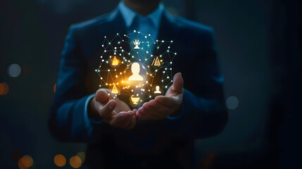 Businessman holding glowing justice icon with AI and machine learning icons on dark background 