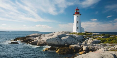 A picturesque white lighthouse stands tall on the rocky coastline under a bright blue sky with scattered clouds, guiding ships on a sunny day.