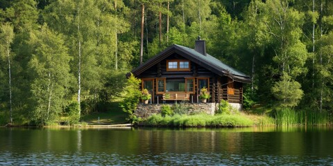 Fototapeta premium A charming wooden log cabin is nestled among lush green trees by the edge of a serene lake, providing a peaceful and natural retreat.
