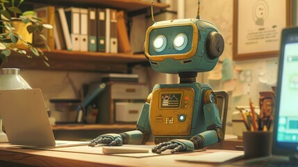 Fototapeta premium a customer service robot sat across a desk from a human, bright cartoon colours, animated cartoon style, simple, great quality, sharpness 