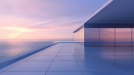 A modern minimalist building with large windows overlooking the ocean at sunset, with blue and purple tones, closeup of an empty flat roof