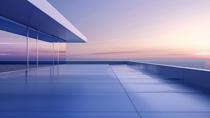 Fototapeta premium A modern minimalist building with large windows overlooking the ocean at sunset, with blue and purple tones, closeup of an empty flat roof